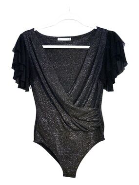 Sparkle Black Wrap-Front Bodysuit with Ruffle Sleeves